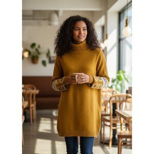 Lulus S Mustard Yellow Turtleneck Sweater Dress With Crochet Cuff & Ribbed Hem